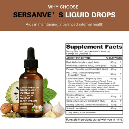 SERSANVE Natural Black Walnut Wormwood Gut Cleanse | Black Walnut Clove Drops with Pumpkin Seed, PAU D’Arco, Soursop, Garlic and Oregano | Vegan, Alcohol-Free Formula for Digestion Support, 2 fl oz - Maple Wellness Supplements