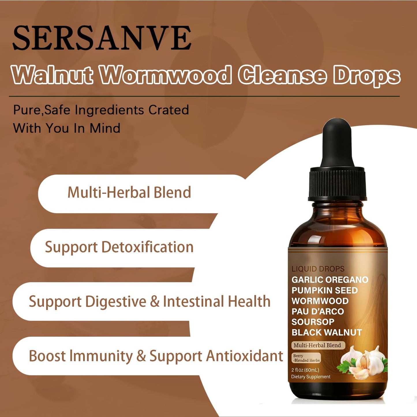 SERSANVE Natural Black Walnut Wormwood Gut Cleanse | Black Walnut Clove Drops with Pumpkin Seed, PAU D’Arco, Soursop, Garlic and Oregano | Vegan, Alcohol-Free Formula for Digestion Support, 2 fl oz - Maple Wellness Supplements