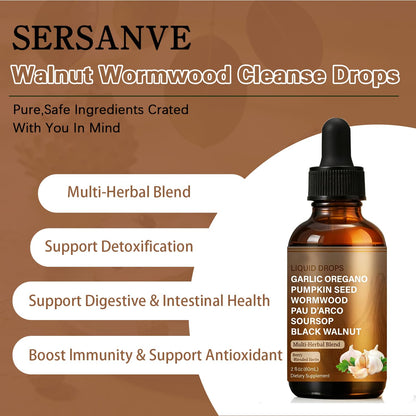 SERSANVE Natural Black Walnut Wormwood Gut Cleanse | Black Walnut Clove Drops with Pumpkin Seed, PAU D’Arco, Soursop, Garlic and Oregano | Vegan, Alcohol-Free Formula for Digestion Support, 2 fl oz - Maple Wellness Supplements