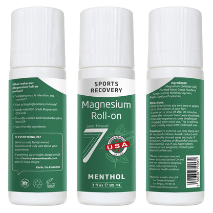 Seven Minerals Magnesium Roll On Stick with Menthol for Pain Relief - Cooling Magnesium Oil for Sports Recovery, Sore Muscles, Backache - Fast Acting - All Natural Alternative, 3 Fl Oz - Maple Wellness Supplements
