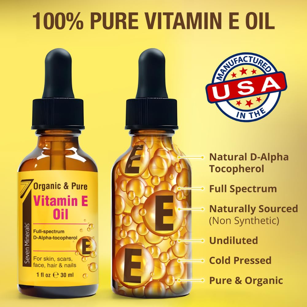 Seven Minerals Ultra Pure Vitamin E Oil - Full-Spectrum D-Alpha Tocopherol, 1 Fl Oz - 100% Organic Vitamin E Oil for Skin - Maple Wellness Supplements