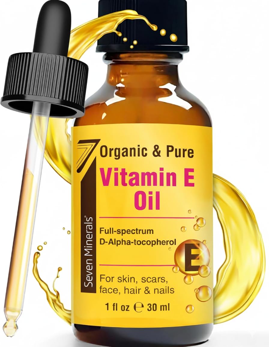 Seven Minerals Ultra Pure Vitamin E Oil - Full-Spectrum D-Alpha Tocopherol, 1 Fl Oz - 100% Organic Vitamin E Oil for Skin - Maple Wellness Supplements