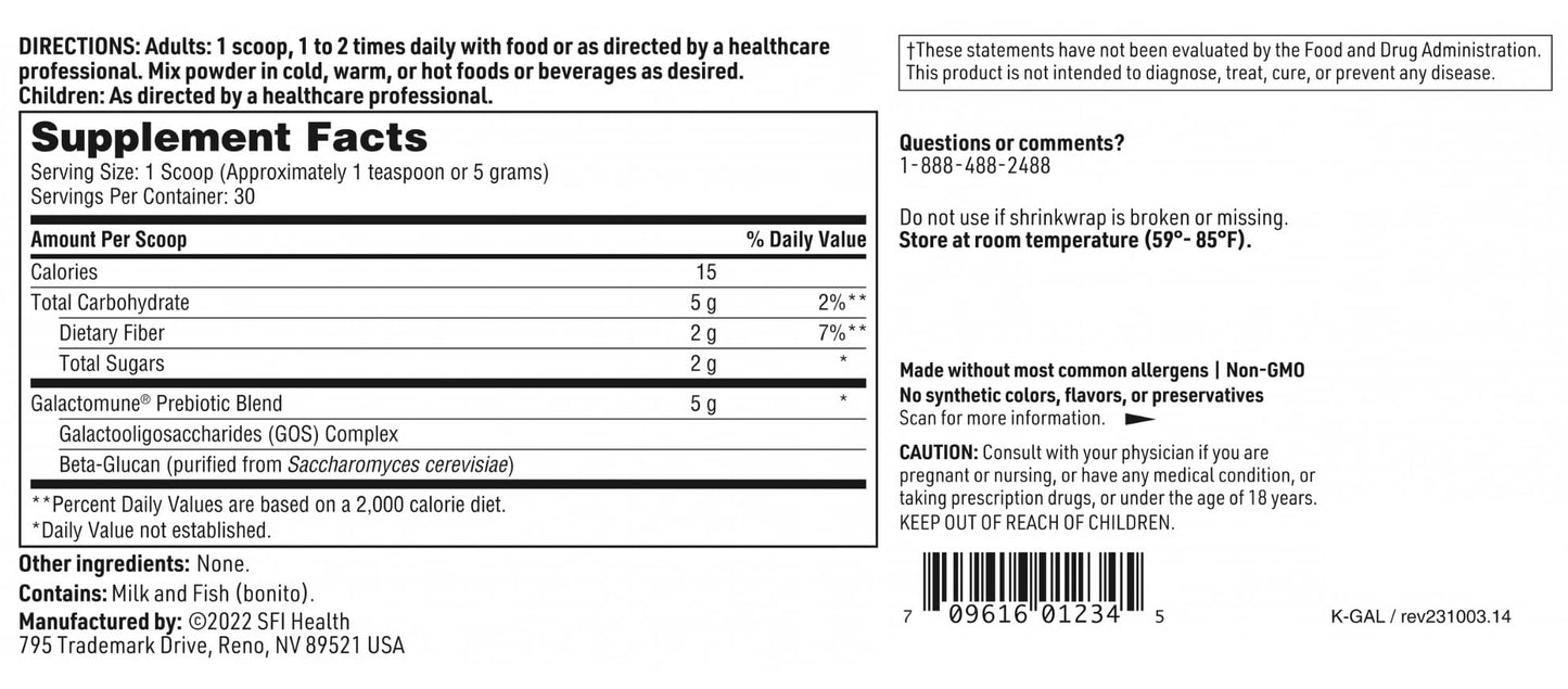 SFI Health Klaire Labs Galactomune Powder - Prebiotic Beta-Glucan & Galactooligosaccharides Immune Support (30 Servings, 150 Grams) - Maple Wellness Supplements