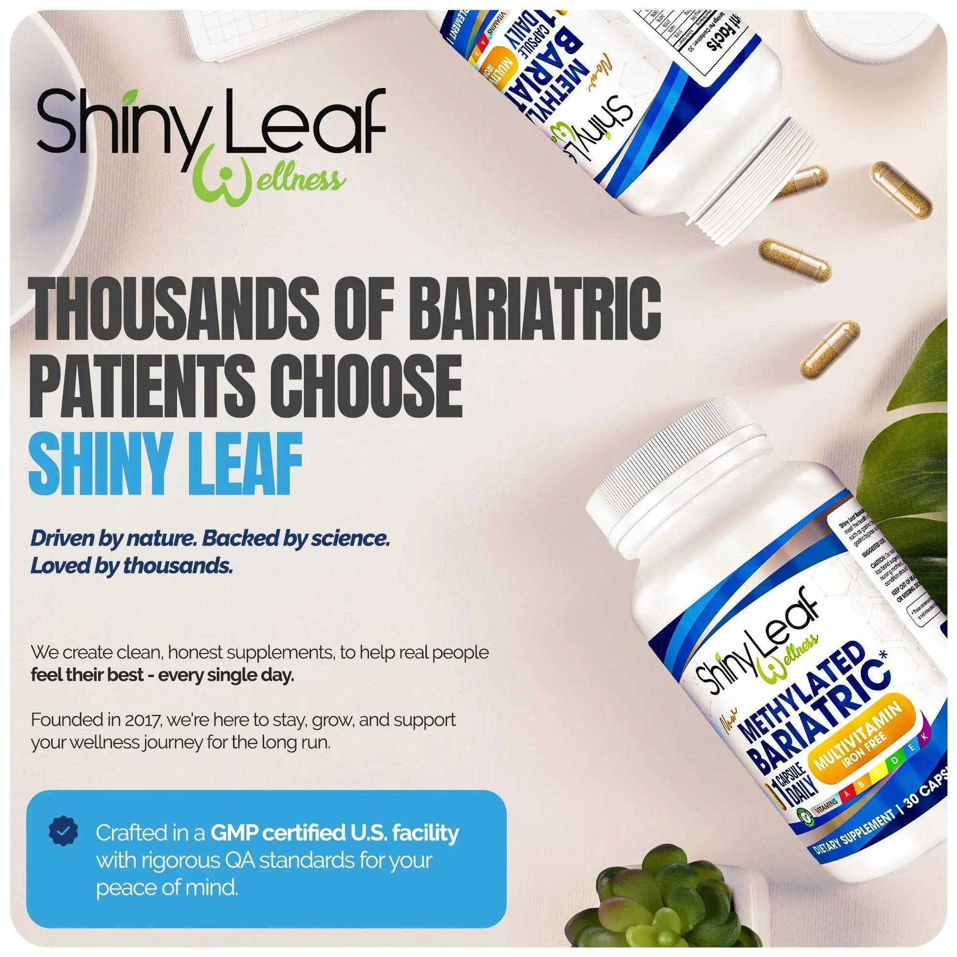 Shiny Leaf Methylated Bariatric Multivitamin Without Iron – Vitamins for Gastric Bypass & Sleeve, 1 Daily Capsule W Methylated Folate - Maple Wellness Supplements