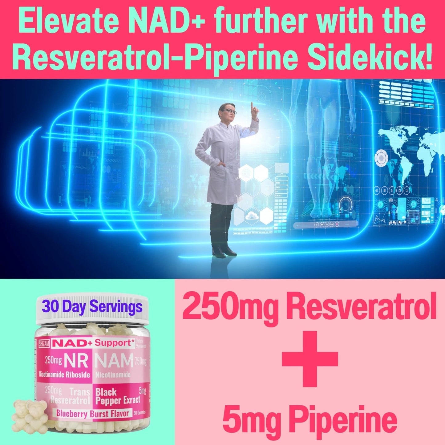 SHIZAM Nicotinamide Riboside NR NAM Resveratrol Gummies, 1000mg NAD+ NAD + Plus Nrf2 Activator Booster w Pure Niacinamide Vitamins B3 Capsules Pills Powder Supplements Alt NDA Regenerator 500mg - Maple Wellness Supplements
