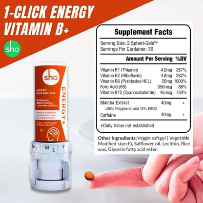 SHO Vegan Energy+ Focus Supplement Kit- Matcha Green Tea Extract, Methylated B Complex, Vitamin B and Caffeine Natural Energy Booster Without Crash, Jitters for Men and Women - 60 Pills Refill Bottle - Maple Wellness Supplements