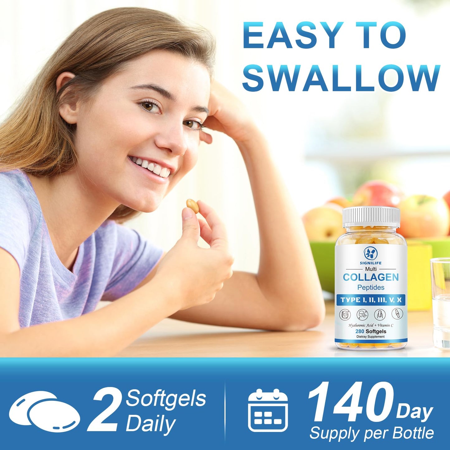 SIGNILIFE Multi Collagen Peptides for Women & Men, Hydrolyzed Collagen Peptides-Type I, II, III, V, X - with Hyaluronic Acid,Vitamin C,Biotin - Maple Wellness Supplements