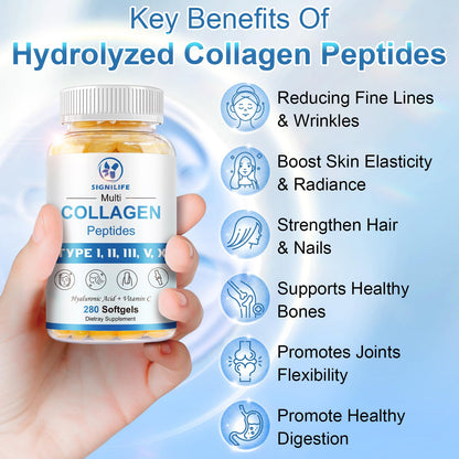 SIGNILIFE Multi Collagen Peptides for Women & Men, Hydrolyzed Collagen Peptides-Type I, II, III, V, X - with Hyaluronic Acid,Vitamin C,Biotin - Maple Wellness Supplements