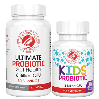 Silver Fern Brand Family Probiotics - Ultimate Adult Probiotic (1 Bottle = 60 Capsules) Plus Ultimate Children's Probiotic for Kids (1 Bottle = 30 Chewables) - Gut Health & Microbiome Support - Maple Wellness Supplements