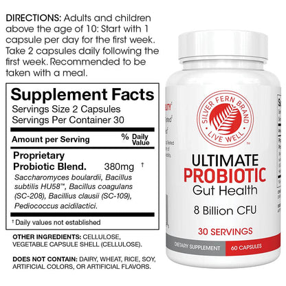 Silver Fern Brand Family Probiotics - Ultimate Adult Probiotic (1 Bottle = 60 Capsules) Plus Ultimate Children's Probiotic for Kids (1 Bottle = 30 Chewables) - Gut Health & Microbiome Support - Maple Wellness Supplements