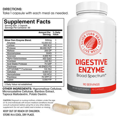 Silver Fern Brand Ultimate High Potency Digestive Enzyme Supplement - 2 Bottles - 100% Intestinal Coverage - Digestive Comfort - Maple Wellness Supplements