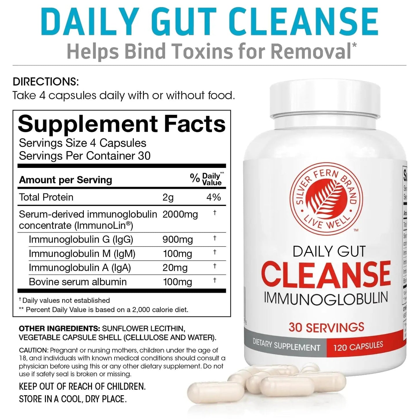 Silver Fern Cleanse - Daily Gut - 1 Bottle - 120 Capsules - 30 Day Supply - Immunoglobulin G, A & M -(IgG, IGA, IgM) - Postbiotic - Maple Wellness Supplements