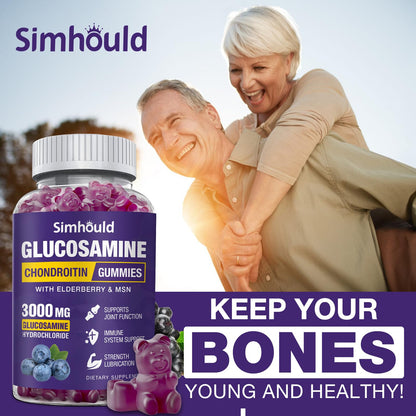 Simhould 2 Packs Glucosamine Chondroitin Gummies - 3000MG Extra Strength Joint Support Supplement with MSM & Elderberry, Flexibility, Antioxidant Immune Support - Maple Wellness Supplements