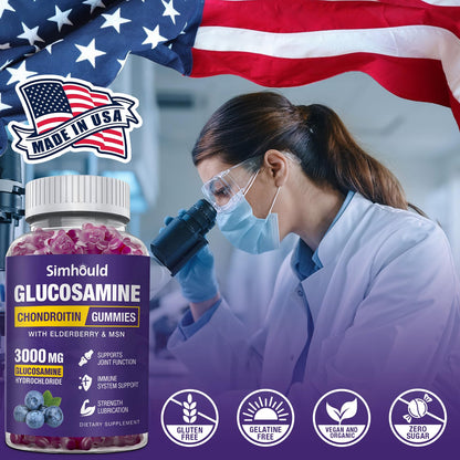 Simhould 2 Packs Glucosamine Chondroitin Gummies - 3000MG Extra Strength Joint Support Supplement with MSM & Elderberry, Flexibility, Antioxidant Immune Support - Maple Wellness Supplements