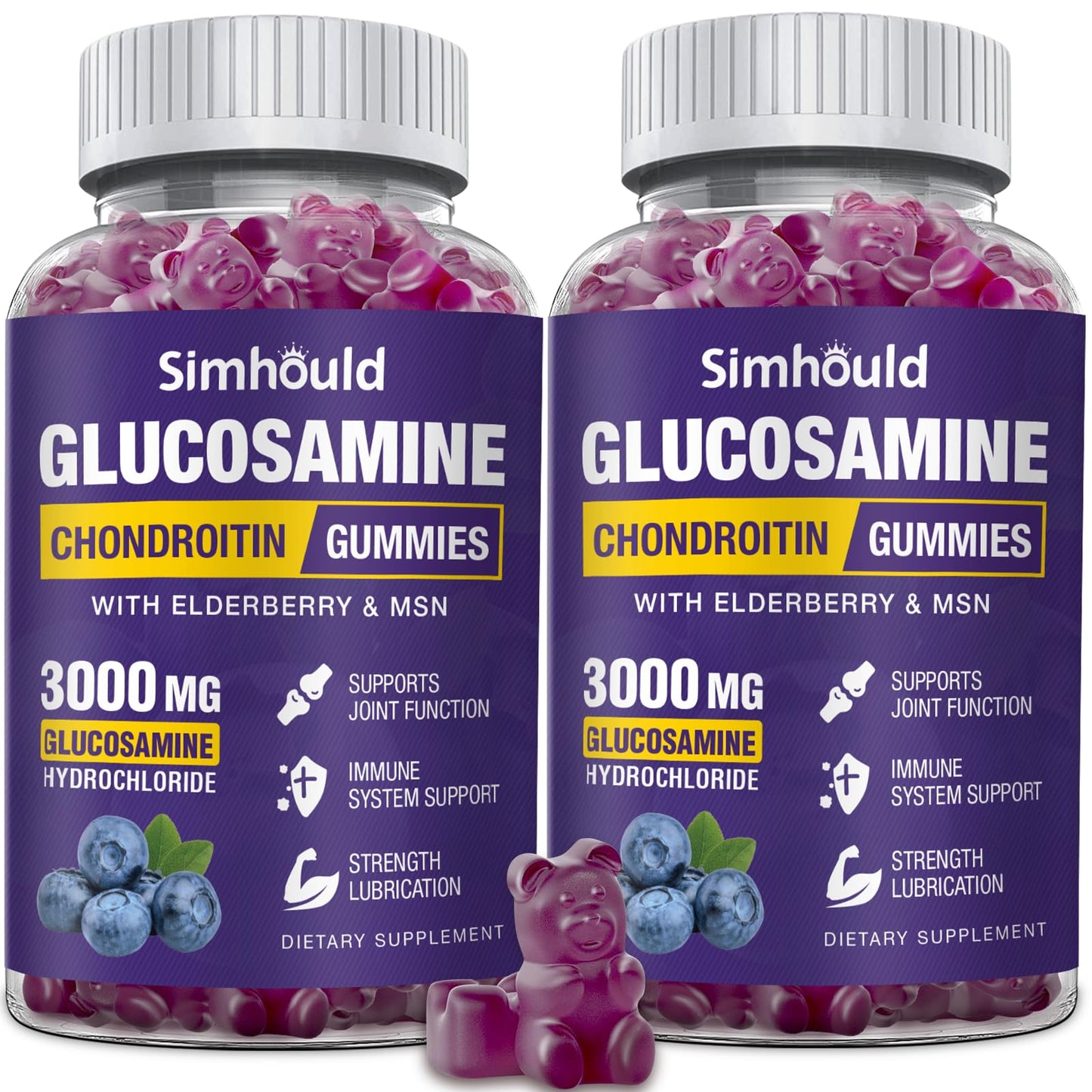 Simhould 2 Packs Glucosamine Chondroitin Gummies - 3000MG Extra Strength Joint Support Supplement with MSM & Elderberry, Flexibility, Antioxidant Immune Support - Maple Wellness Supplements