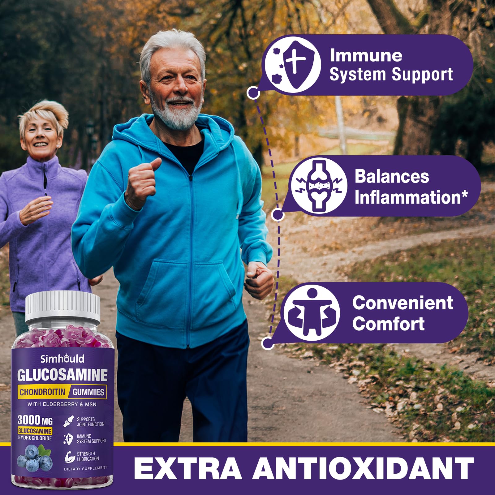 Simhould 2 Packs Glucosamine Chondroitin Gummies - 3000MG Extra Strength Joint Support Supplement with MSM & Elderberry, Flexibility, Antioxidant Immune Support - Maple Wellness Supplements