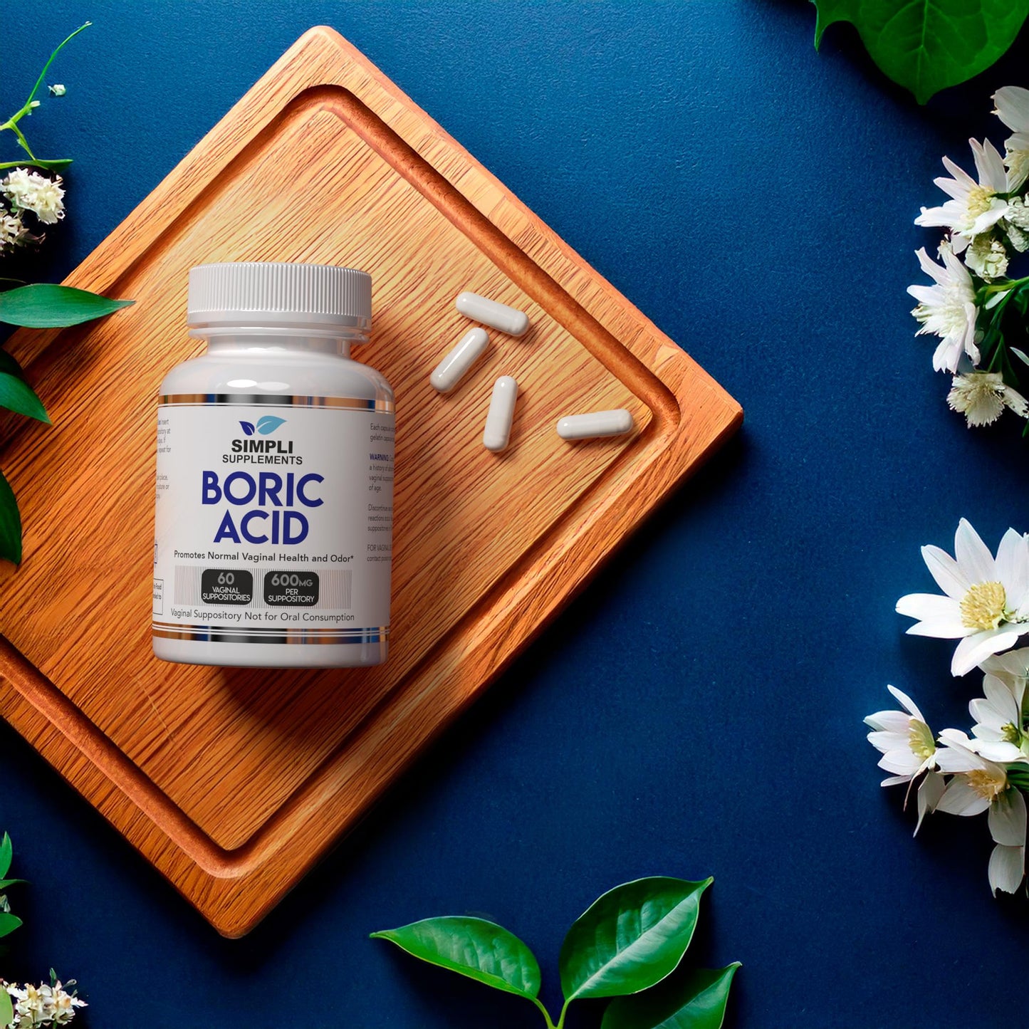 Simpli Supplements Boric Acid Suppositories for Women 600mg – 60 Count | Vaginal pH Balance Support | Feminine Care | Helps Maintain Freshness & Odor Control - Maple Wellness Supplements