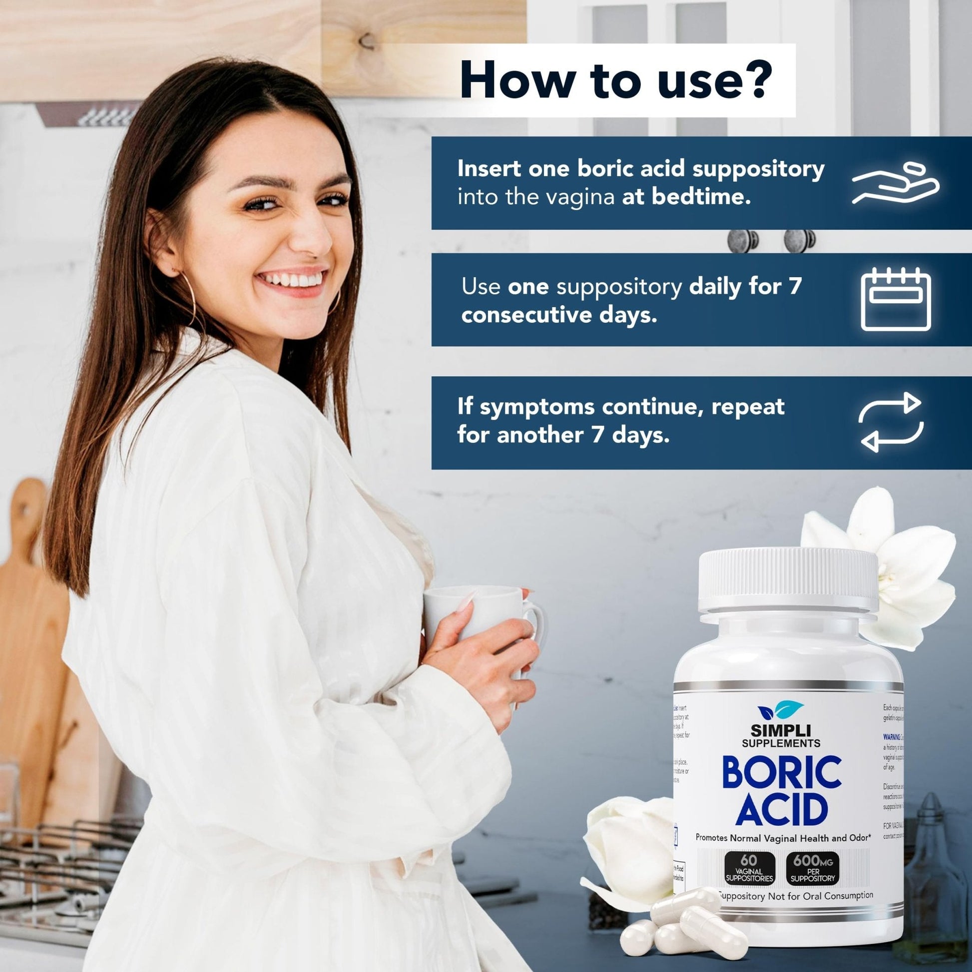 Simpli Supplements Boric Acid Suppositories for Women 600mg – 60 Count | Vaginal pH Balance Support | Feminine Care | Helps Maintain Freshness & Odor Control - Maple Wellness Supplements