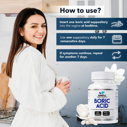 Simpli Supplements Boric Acid Suppositories for Women 600mg – 60 Count | Vaginal pH Balance Support | Feminine Care | Helps Maintain Freshness & Odor Control - Maple Wellness Supplements