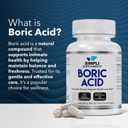 Simpli Supplements Boric Acid Suppositories for Women 600mg – 60 Count | Vaginal pH Balance Support | Feminine Care | Helps Maintain Freshness & Odor Control - Maple Wellness Supplements