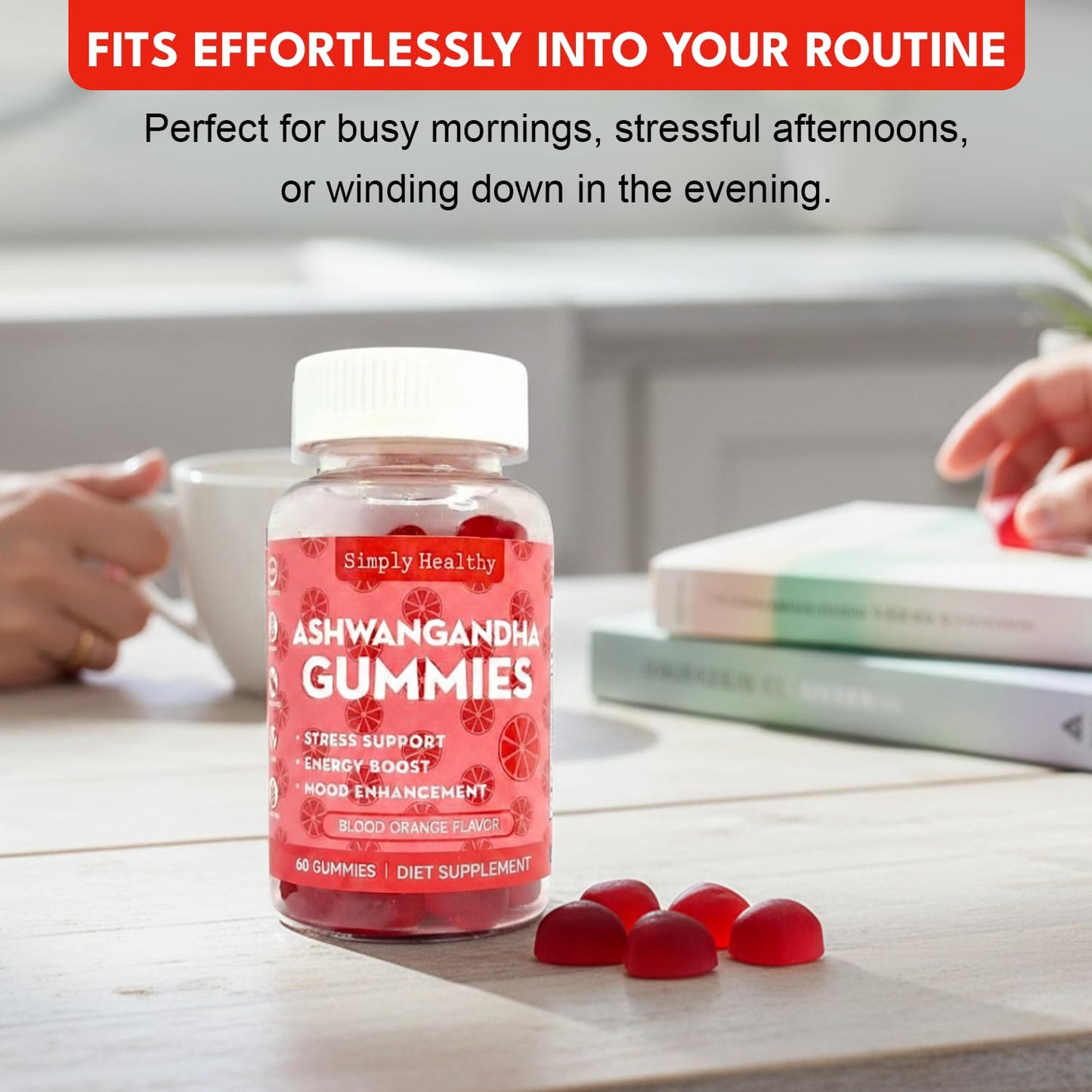 Simply Healthy Premium Ashwagandha Gummies, Stress Support with Blood Orange Flavor, Vegan, Easy to Chew, Daily Aid, Energy Booster, Mood Enhancer, for Both Men and Women, 60 Gummies - Maple Wellness Supplements