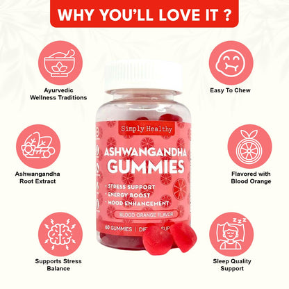 Simply Healthy Premium Ashwagandha Gummies, Stress Support with Blood Orange Flavor, Vegan, Easy to Chew, Daily Aid, Energy Booster, Mood Enhancer, for Both Men and Women, 60 Gummies - Maple Wellness Supplements