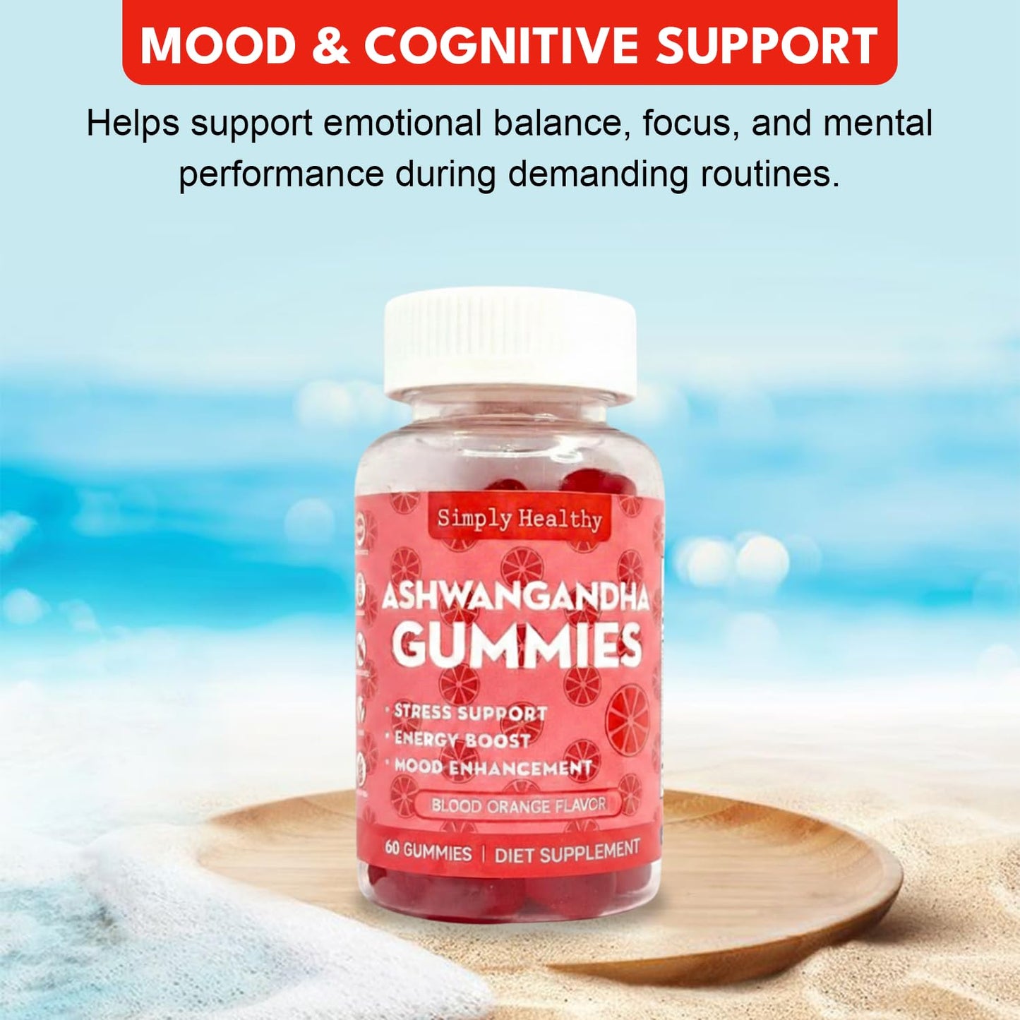 Simply Healthy Premium Ashwagandha Gummies, Stress Support with Blood Orange Flavor, Vegan, Easy to Chew, Daily Aid, Energy Booster, Mood Enhancer, for Both Men and Women, 60 Gummies - Maple Wellness Supplements