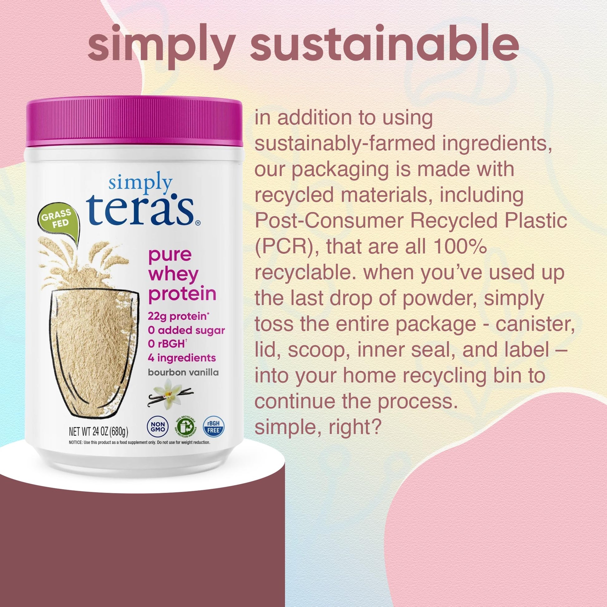 simply tera's Pure Whey Protein Powder - Grass Fed Vanilla Whey Protein Powder, Clean, Made Without Artificial Sweeteners, Non-GMO, Kosher, rBGH-Free, Soy-Free - 24 Oz - Maple Wellness Supplements