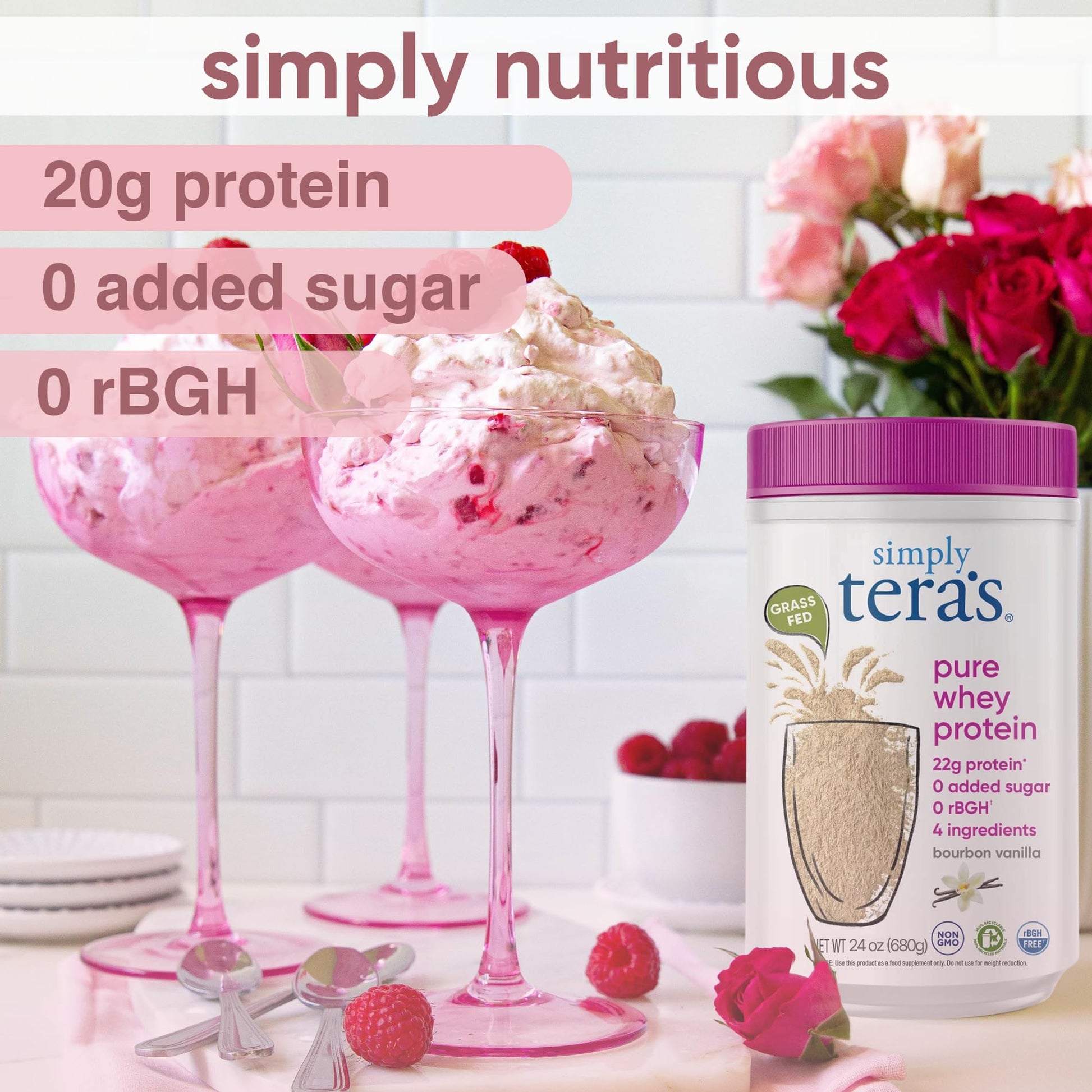 simply tera's Pure Whey Protein Powder - Grass Fed Vanilla Whey Protein Powder, Clean, Made Without Artificial Sweeteners, Non-GMO, Kosher, rBGH-Free, Soy-Free - 24 Oz - Maple Wellness Supplements