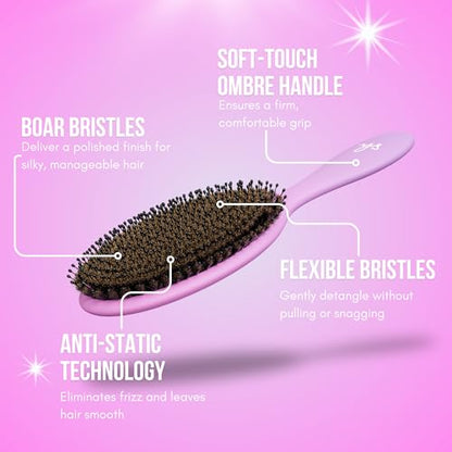 SimplyHair Ultimate Hair Extension Brush & Detangler Anti-Static, Dual Bristle Design, Soft Boar Bristle, Great for All Hair Types & Extensions - Pink & Purple Ombre Brush Ideal for Adults & Kids - Maple Wellness Supplements