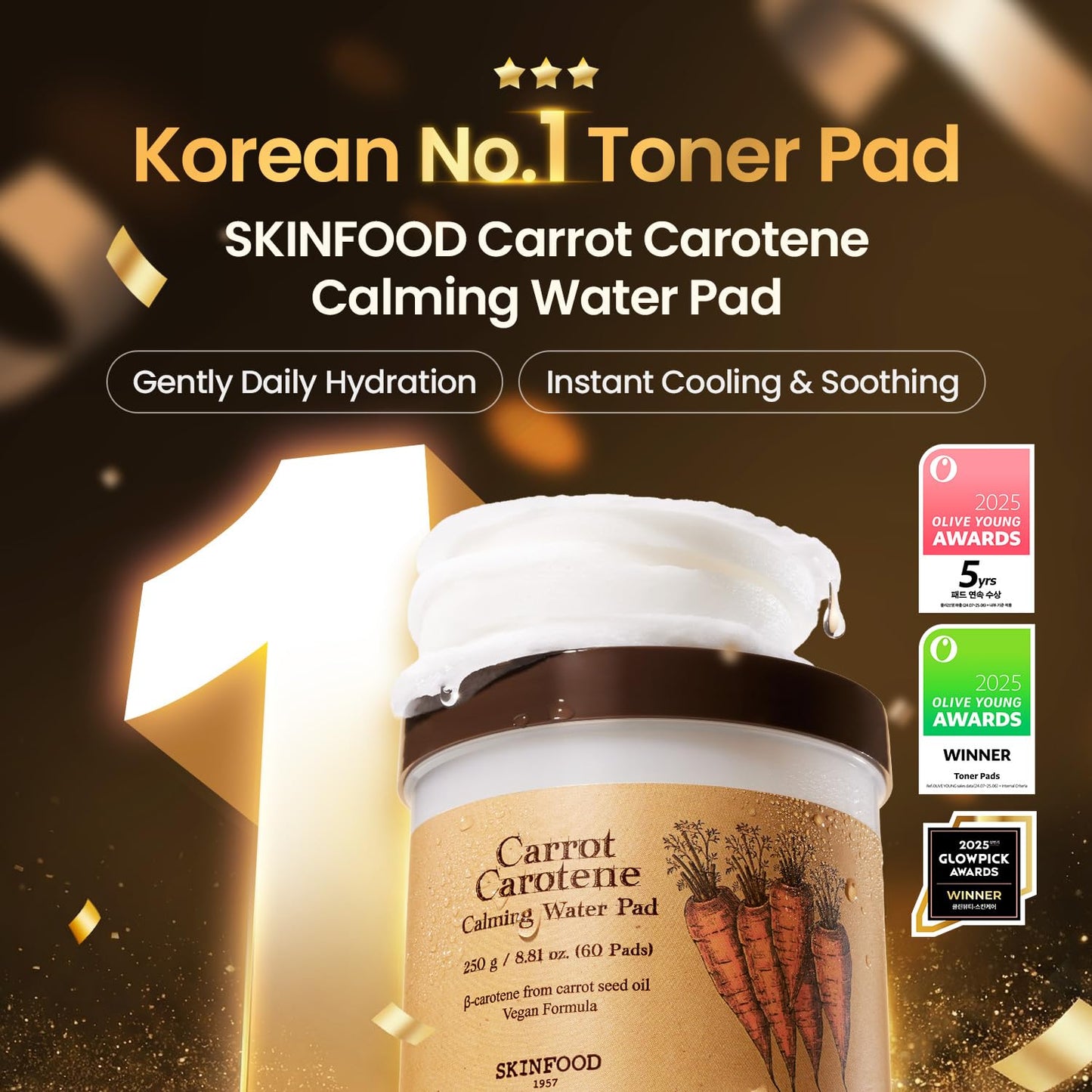 SKINFOOD Carrot Carotene Toner Pads, Hydrating & Soothing for Dry Skin, Instant Cooling, After Sun & Heat Care, Cotton Facial Toner Pads, Korean Skincare for Face (60 Counts) - Maple Wellness Supplements