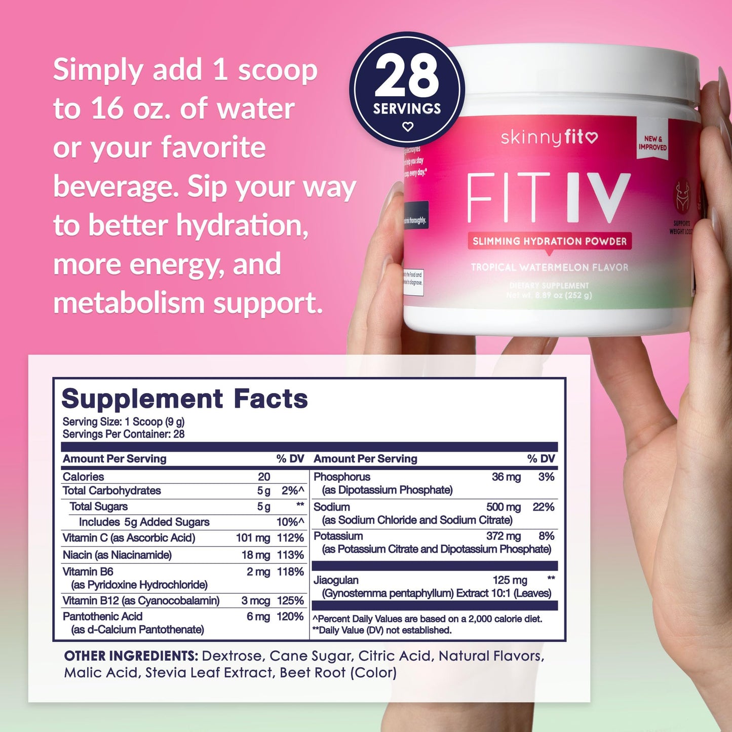 SkinnyFit - Fit IV Slimming Hydration Powder, Tropical Watermelon (Jar, 28 Scoops) - New & Improved Formula - Electrolytes, Vitamin C, Vitamin B3 - Vegan, Gluten Free, Dairy Free - Beauty & Self Care - Maple Wellness Supplements