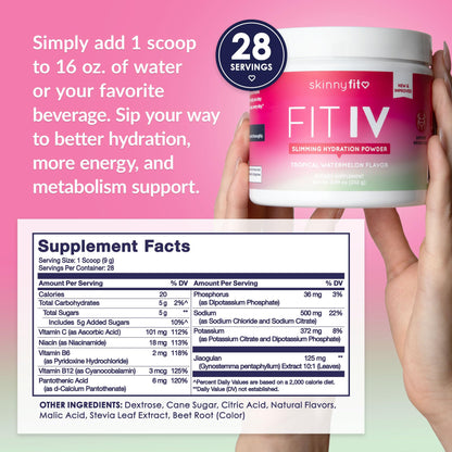 SkinnyFit - Fit IV Slimming Hydration Powder, Tropical Watermelon (Jar, 28 Scoops) - New & Improved Formula - Electrolytes, Vitamin C, Vitamin B3 - Vegan, Gluten Free, Dairy Free - Beauty & Self Care - Maple Wellness Supplements