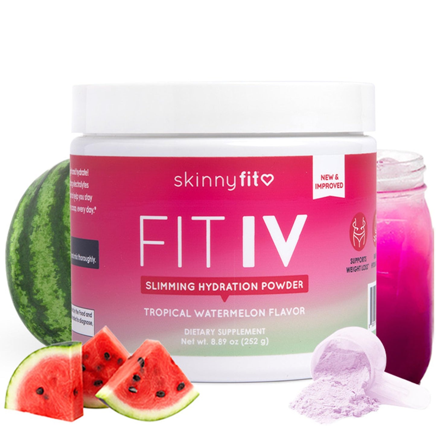 SkinnyFit - Fit IV Slimming Hydration Powder, Tropical Watermelon (Jar, 28 Scoops) - New & Improved Formula - Electrolytes, Vitamin C, Vitamin B3 - Vegan, Gluten Free, Dairy Free - Beauty & Self Care - Maple Wellness Supplements