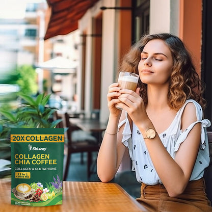 Skiseoy 20x Collagen Chia Coffee - 11-in-1 Coffee Shape Mix with L-Glutathione for Skin, Hair, Joints - Boost Energy and Focus, Vegan Friendly, 45 Servings - Maple Wellness Supplements