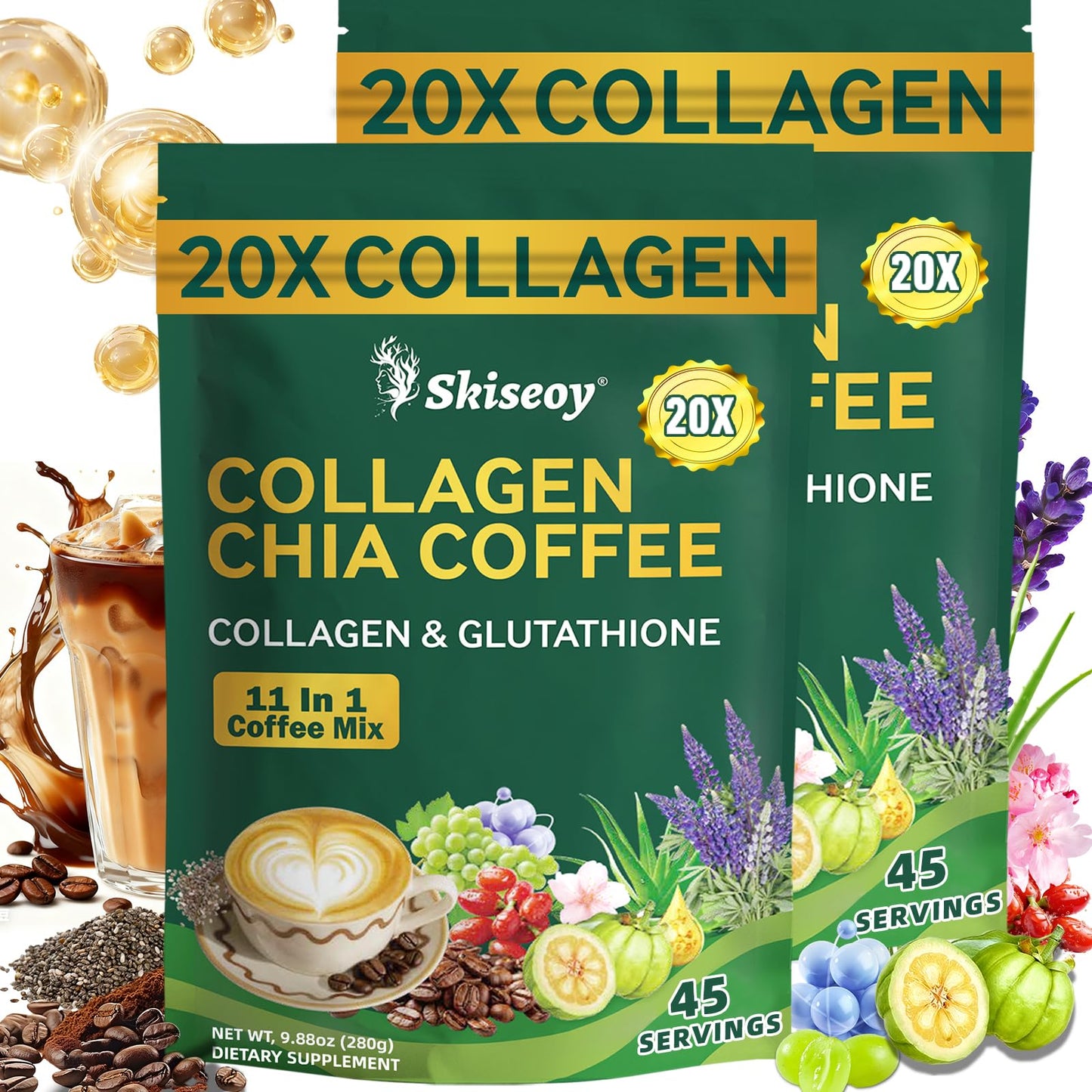 Skiseoy 20x Collagen Chia Coffee - 11-in-1 Coffee Shape Mix with L-Glutathione for Skin, Hair, Joints - Boost Energy and Focus, Vegan Friendly, 45 Servings - Maple Wellness Supplements