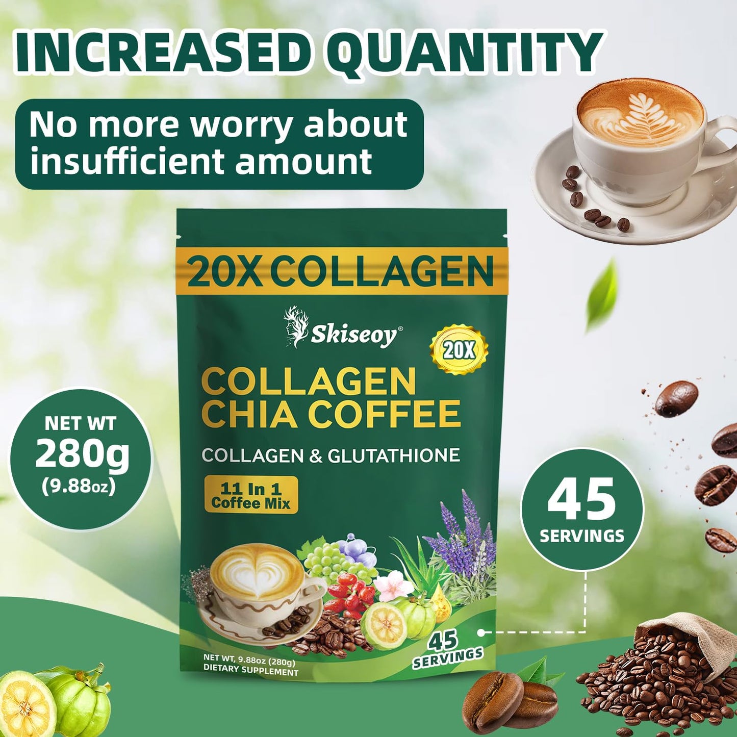 Skiseoy 20x Collagen Chia Coffee - 11-in-1 Coffee Shape Mix with L-Glutathione for Skin, Hair, Joints - Boost Energy and Focus, Vegan Friendly, 45 Servings - Maple Wellness Supplements