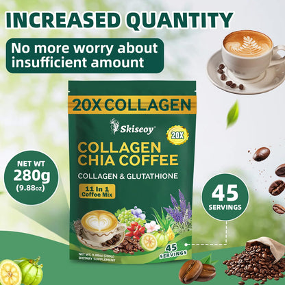 Skiseoy 20x Collagen Chia Coffee - 11-in-1 Coffee Shape Mix with L-Glutathione for Skin, Hair, Joints - Boost Energy and Focus, Vegan Friendly, 45 Servings - Maple Wellness Supplements