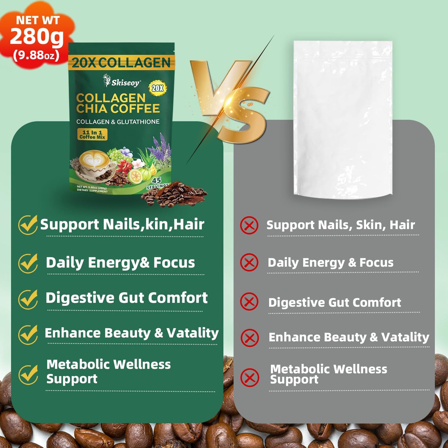 Skiseoy 20x Collagen Chia Coffee - 11-in-1 Coffee Shape Mix with L-Glutathione for Skin, Hair, Joints - Boost Energy and Focus, Vegan Friendly, 45 Servings - Maple Wellness Supplements