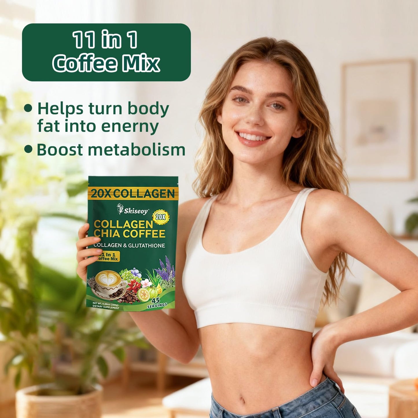 Skiseoy 20x Collagen Chia Coffee - 11-in-1 Coffee Shape Mix with L-Glutathione for Skin, Hair, Joints - Boost Energy and Focus, Vegan Friendly, 45 Servings - Maple Wellness Supplements