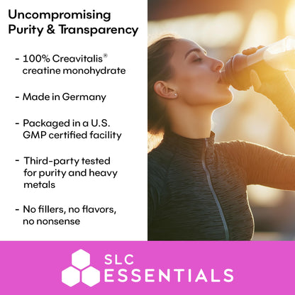 SLC Essentials Creatine Monohydrate Powder | 100% Pure Micronized Creavitalis® | German-Made | Unflavored, No Fillers | Supports Muscle Strength, Recovery, & Cognitive Energy | 5g Servings - Maple Wellness Supplements