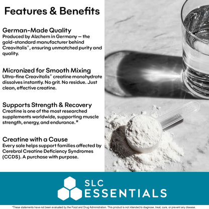 SLC Essentials Creatine Monohydrate Powder | 100% Pure Micronized Creavitalis® | German-Made | Unflavored, No Fillers | Supports Muscle Strength, Recovery, & Cognitive Energy | 5g Servings - Maple Wellness Supplements