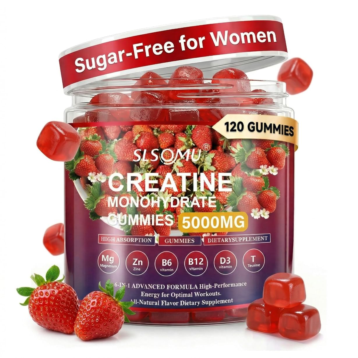 Slsomu Creatine Gummies for Women, 5000mg Pre-Workout Muscle Strength & Energy Support, 0 Sugar Creatine Gummy with L-Taurine, Zinc - Maple Wellness Supplements