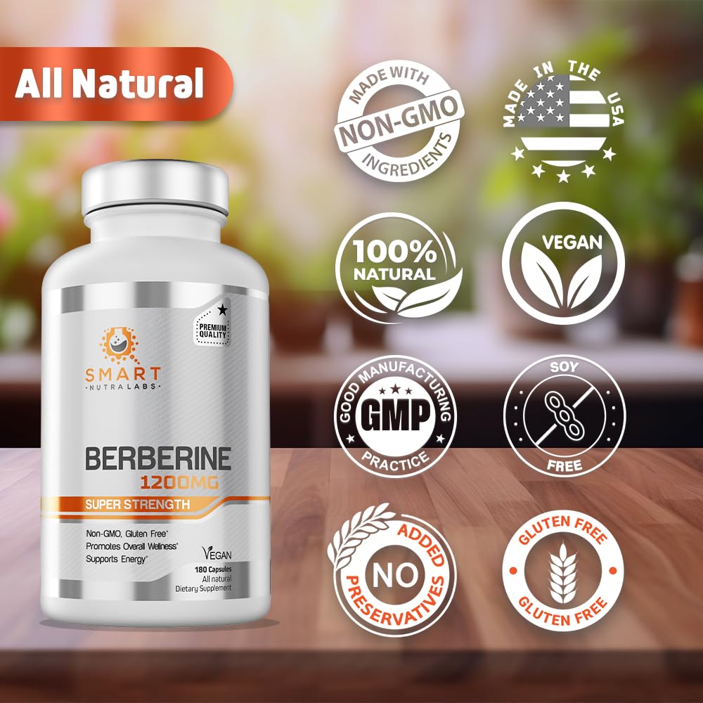Smart Nutra Labs Premium Berberine HCL 1200mg- 180 Vegan Capsules, 100% Pure - Maple Wellness Supplements
