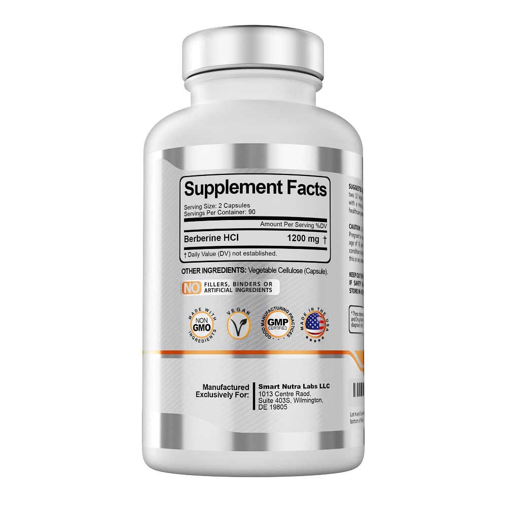 Smart Nutra Labs Premium Berberine HCL 1200mg- 180 Vegan Capsules, 100% Pure - Maple Wellness Supplements