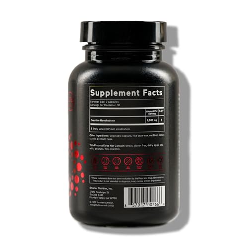SMARTERNUTRITION Creatine Monohydrate Pills with 2500mg (2.5g) Per Serving, Vegan Capsules - Pre & Post Workout Recovery Support, Promotes Muscle Mass &. Endurance - 60 Count[30-Day Supply] - Maple Wellness Supplements