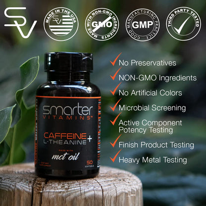 SmarterVitamins 200mg Caffeine Pills - MCT Oil from 100% Coconuts + 100mg L-Theanine, Energy and Focus - Maple Wellness Supplements