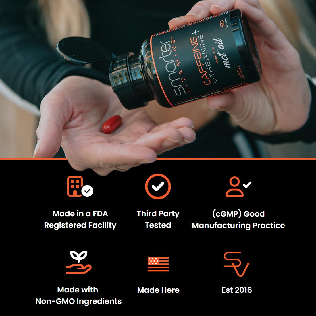 SmarterVitamins 200mg Caffeine Pills - MCT Oil from 100% Coconuts + 100mg L-Theanine, Energy and Focus - Maple Wellness Supplements