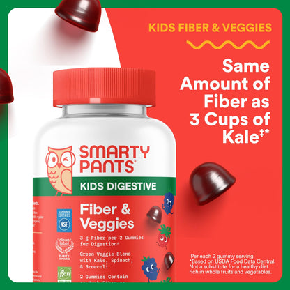 SmartyPants Kids Fiber & Veggies: Prebiotic Fiber Gummies for Kids, Fiber Supplement with Inulin, Organic Green Veggie Blend, Vegan, Gluten Free - Maple Wellness Supplements