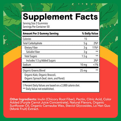 SmartyPants Kids Fiber & Veggies: Prebiotic Fiber Gummies for Kids, Fiber Supplement with Inulin, Organic Green Veggie Blend, Vegan, Gluten Free - Maple Wellness Supplements